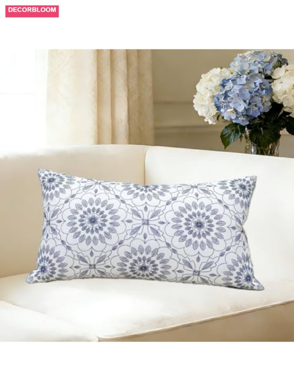 Embroidered Lumbar Throw Pillow Cover 12x20 Cotton Linen Home Decor - Picture 1 of 6
